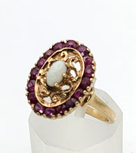Load image into Gallery viewer, 0987: Vintage 16 Garnets Cabochon White Opal Openwork Ring
