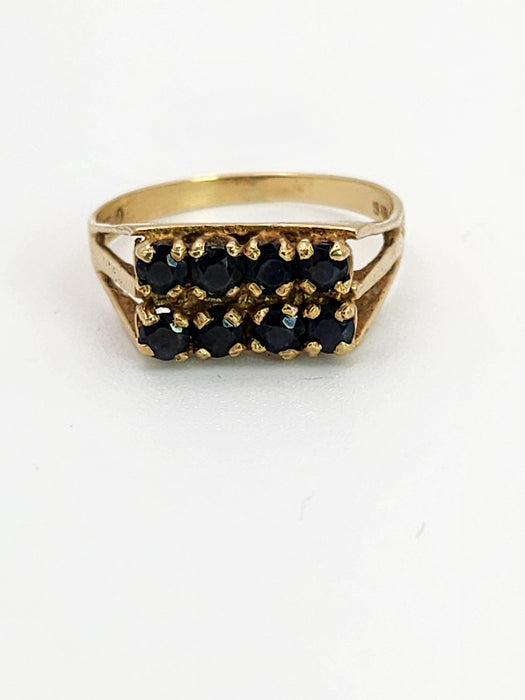 1083: Vintage: 9ct Gold 8 French Blue Sapphires Geometric Set Ring