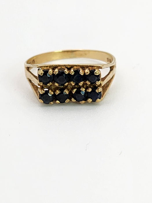 1083: Vintage: 9ct Gold 8 French Blue Sapphires Geometric Set Ring