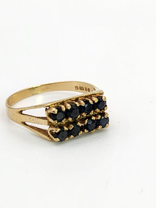 1083: Vintage: 9ct Gold 8 French Blue Sapphires Geometric Set Ring