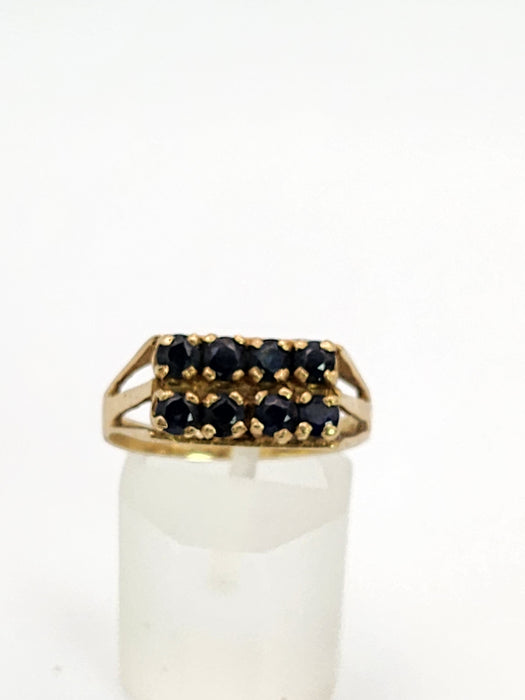 1083: Vintage: 9ct Gold 8 French Blue Sapphires Geometric Set Ring