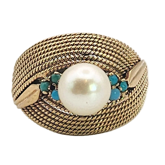 6370 Vintage: 9ct Yellow Gold Woven Turquoise & Pearl Statement Ring