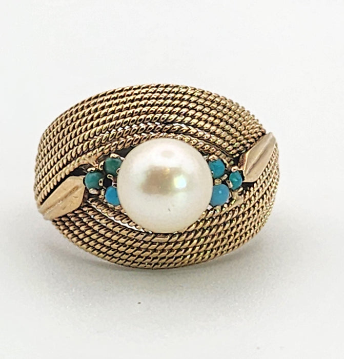 6370 Vintage: 9ct Yellow Gold Woven Turquoise & Pearl Statement Ring