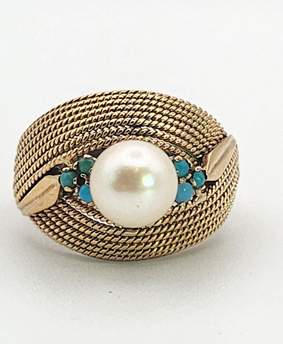 6370 Vintage: 9ct Yellow Gold Woven Turquoise & Pearl Statement Ring