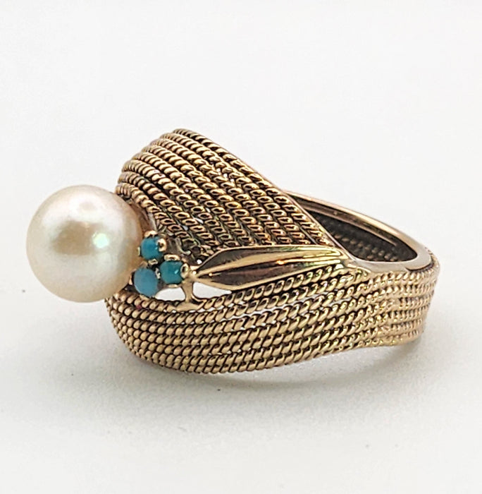 6370 Vintage: 9ct Yellow Gold Woven Turquoise & Pearl Statement Ring