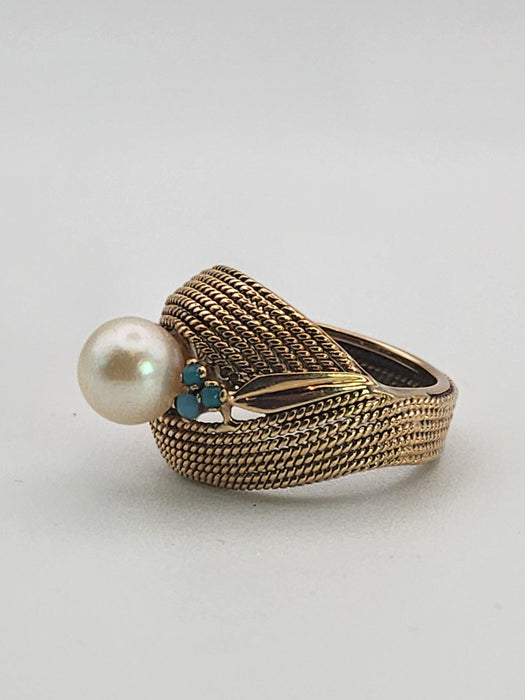 6370 Vintage: 9ct Yellow Gold Woven Turquoise & Pearl Statement Ring