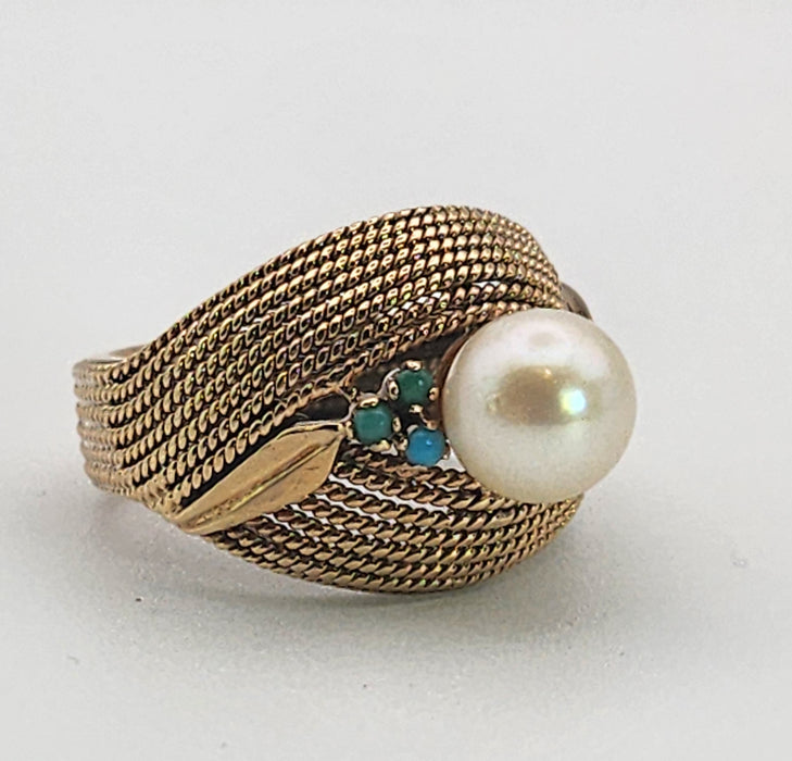 6370 Vintage: 9ct Yellow Gold Woven Turquoise & Pearl Statement Ring