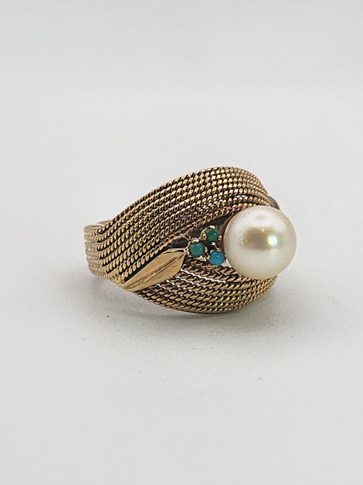 6370 Vintage: 9ct Yellow Gold Woven Turquoise & Pearl Statement Ring