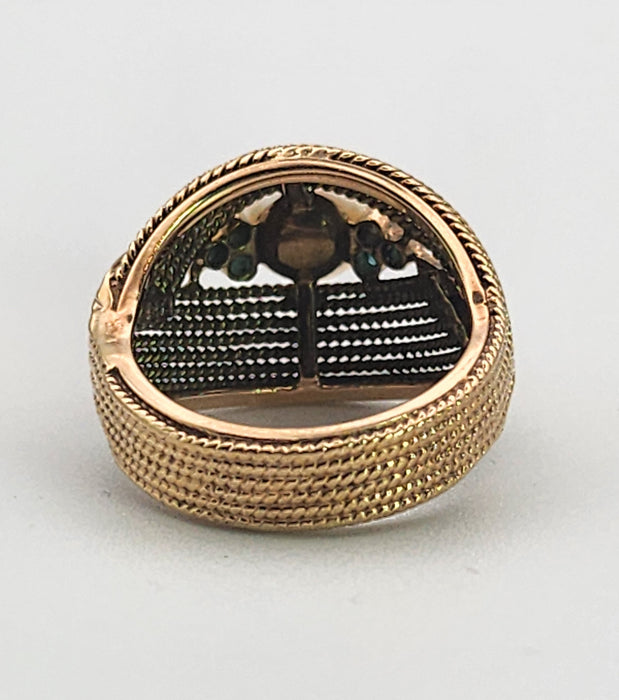 6370 Vintage: 9ct Yellow Gold Woven Turquoise & Pearl Statement Ring