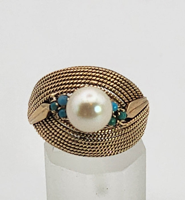 6370 Vintage: 9ct Yellow Gold Woven Turquoise & Pearl Statement Ring