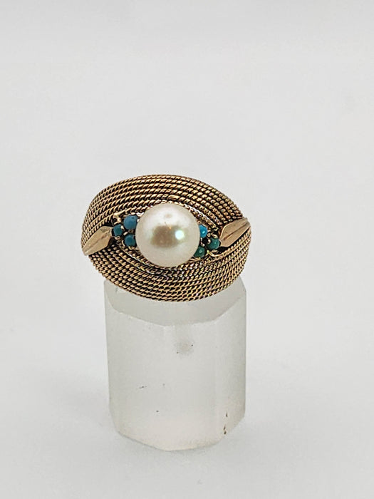 6370 Vintage: 9ct Yellow Gold Woven Turquoise & Pearl Statement Ring