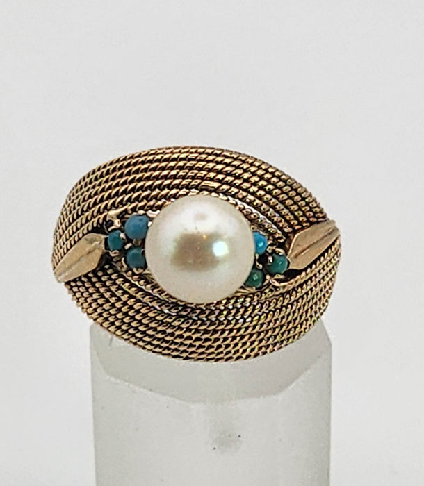 6370 Vintage: 9ct Yellow Gold Woven Turquoise & Pearl Statement Ring