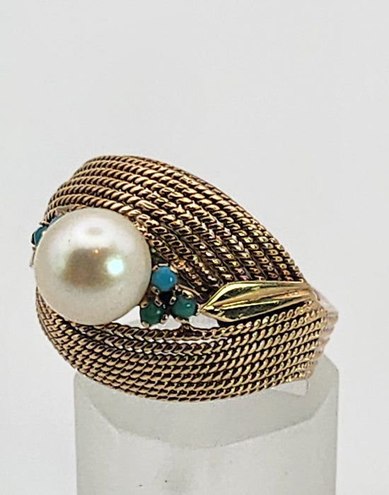 6370 Vintage: 9ct Yellow Gold Woven Turquoise & Pearl Statement Ring