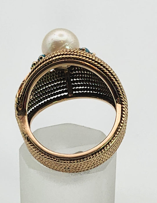 6370 Vintage: 9ct Yellow Gold Woven Turquoise & Pearl Statement Ring