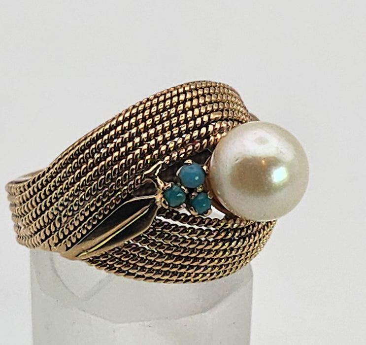 6370 Vintage: 9ct Yellow Gold Woven Turquoise & Pearl Statement Ring