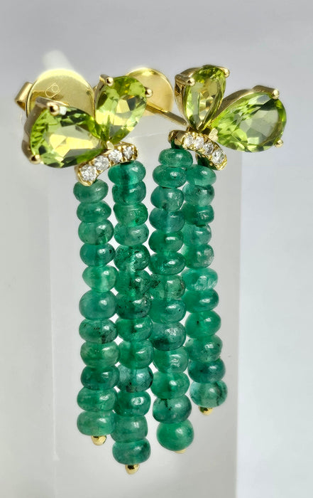 1485: Vintage: 18ct Gold Emeralds, Peridot, Diamonds Drop/Dangle Earrings- extraordinary