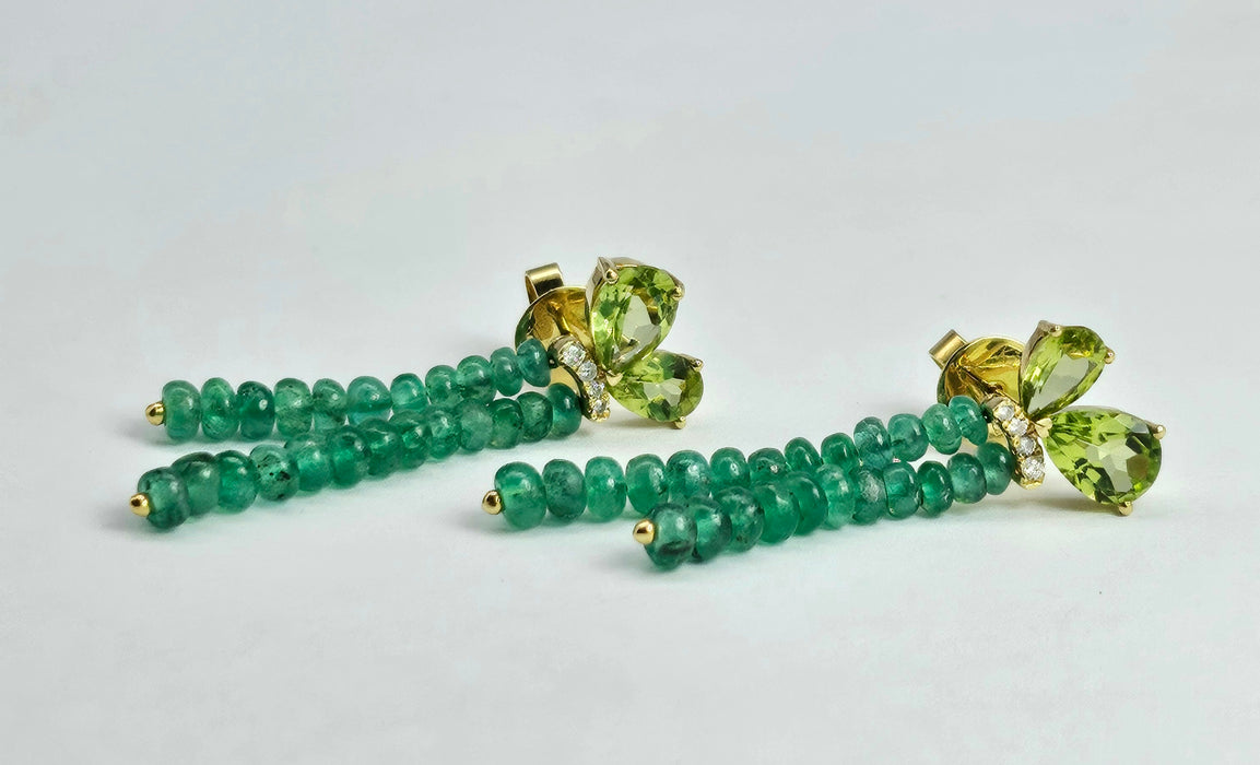 1485: Vintage: 18ct Gold Emeralds, Peridot, Diamonds Drop/Dangle Earrings- extraordinary