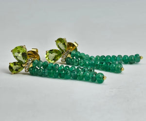 1485: Vintage: 18ct Gold Emeralds, Peridot, Diamonds Drop/Dangle Earrings- extraordinary