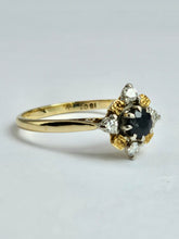 Cargar imagen en el visor de la galería, 1401: Vintage: 18ct Gold French Blue Sapphire Diamonds Flower Head Ring
