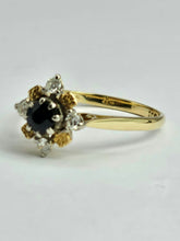 Cargar imagen en el visor de la galería, 1401: Vintage: 18ct Gold French Blue Sapphire Diamonds Flower Head Ring
