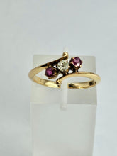 Load image into Gallery viewer, 1442: Vintage; 18ct Gold Ruby Diamonds Three Stone Ring
