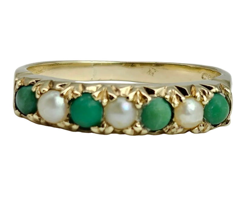 6486 Vintage: 14ct Yellow Gold Turquoise & Seed Pearl Half-Eternity Ring
