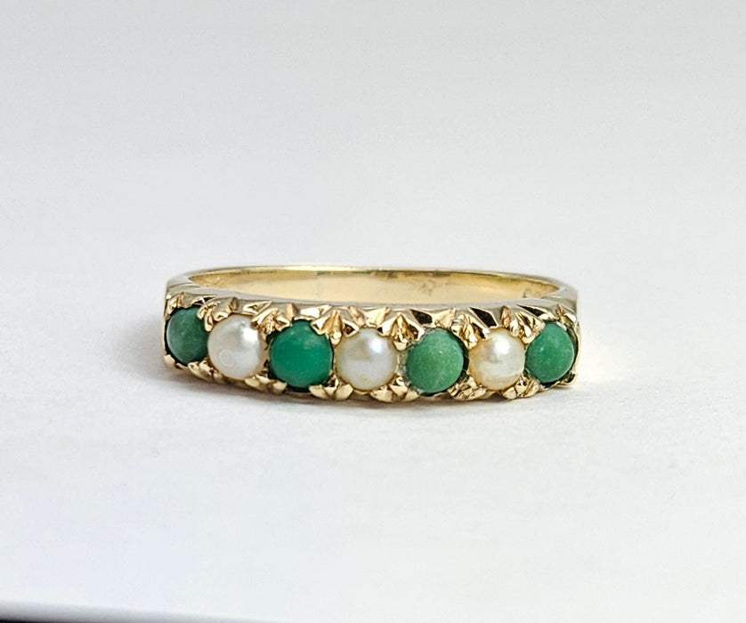 6486 Vintage: 14ct Yellow Gold Turquoise & Seed Pearl Half-Eternity Ring