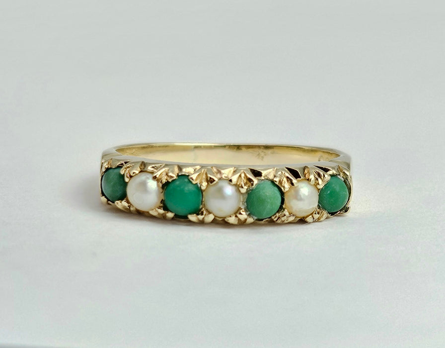 6486 Vintage: 14ct Yellow Gold Turquoise & Seed Pearl Half-Eternity Ring