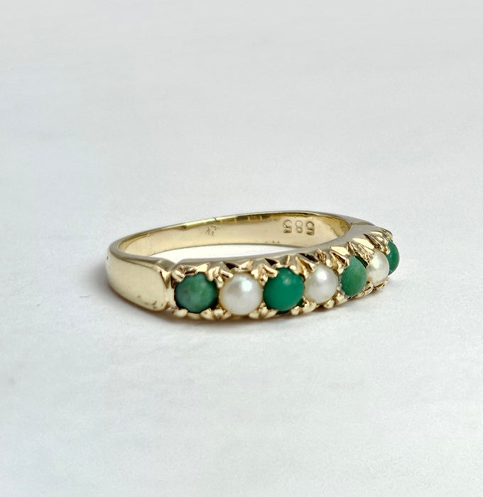 6486 Vintage: 14ct Yellow Gold Turquoise & Seed Pearl Half-Eternity Ring