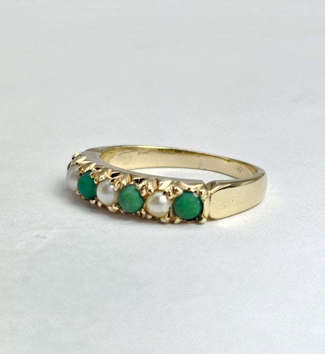 6486 Vintage: 14ct Yellow Gold Turquoise & Seed Pearl Half-Eternity Ring
