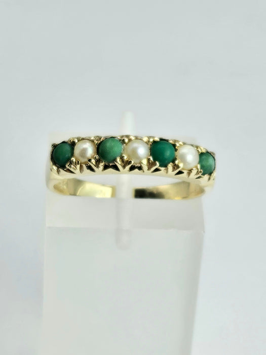 6486 Vintage: 14ct Yellow Gold Turquoise & Seed Pearl Half-Eternity Ring