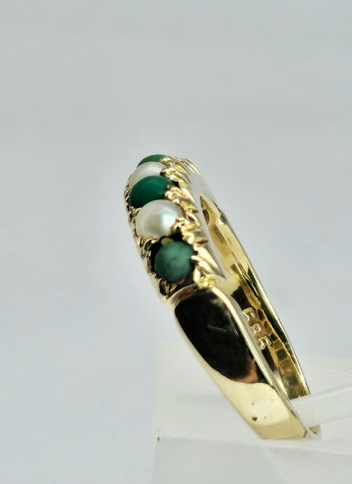 6486 Vintage: 14ct Yellow Gold Turquoise & Seed Pearl Half-Eternity Ring