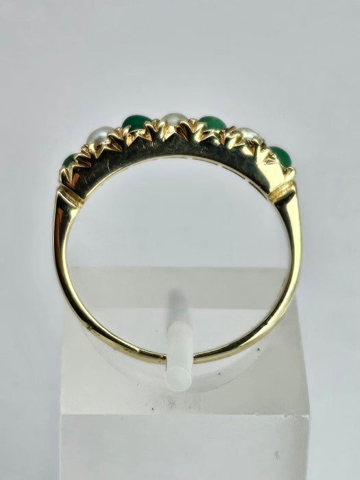 6486 Vintage: 14ct Yellow Gold Turquoise & Seed Pearl Half-Eternity Ring