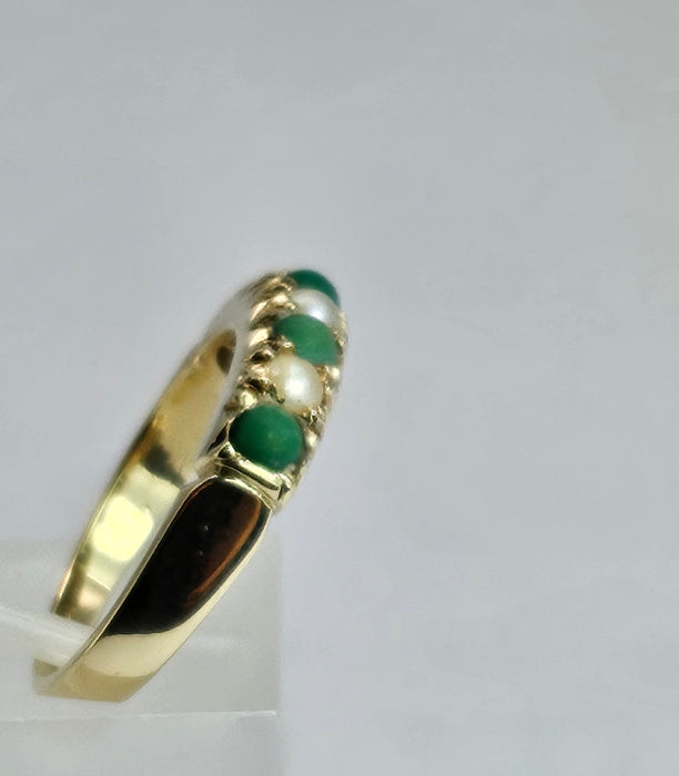 6486 Vintage: 14ct Yellow Gold Turquoise & Seed Pearl Half-Eternity Ring