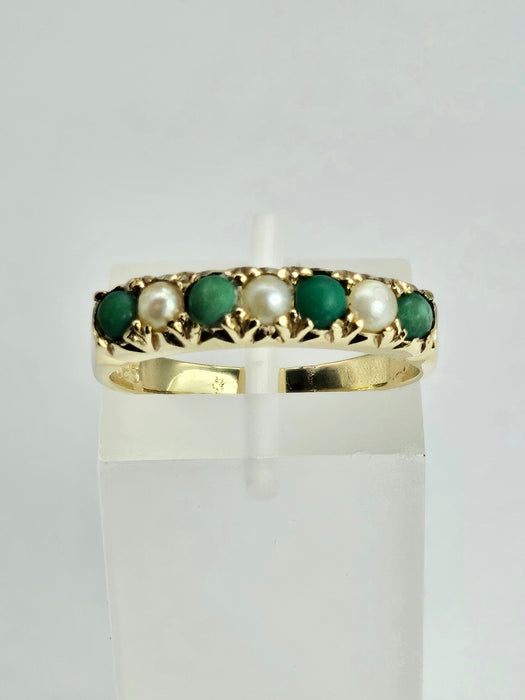 6486 Vintage: 14ct Yellow Gold Turquoise & Seed Pearl Half-Eternity Ring
