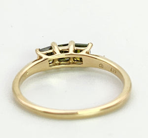 1387: Vintage: Rare: 9ct Gold Green Diamonds Trilogy Stacker/Dress Ring- petite & natural