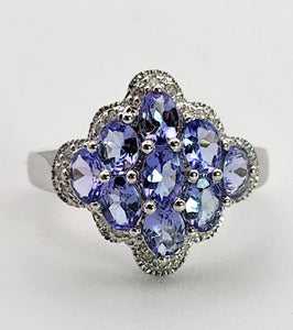 1390: Vintage: 14ct White Gold Tanzanites 20 Diamonds Geometric Set Ring- sparkling combination