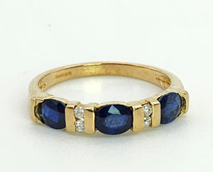 1430: Vintage: 9ct Gold French Blue Sapphires Diamonds Dress/Stacker Ring- fine example