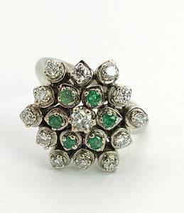 6015:: Vintage Large:18ct White Gold Diamonds  Emeralds Cluster Ring