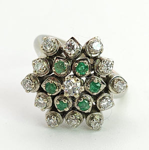 6015:: Vintage Large:18ct White Gold Diamonds  Emeralds Cluster Ring