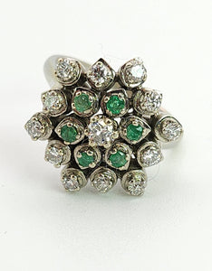 6015:: Vintage Large:18ct White Gold Diamonds  Emeralds Cluster Ring