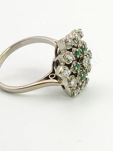 6015:: Vintage Large:18ct White Gold Diamonds  Emeralds Cluster Ring