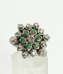 6015:: Vintage Large:18ct White Gold Diamonds  Emeralds Cluster Ring