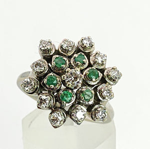 6015:: Vintage Large:18ct White Gold Diamonds  Emeralds Cluster Ring