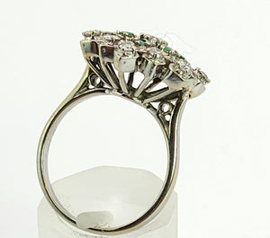 6015:: Vintage Large:18ct White Gold Diamonds  Emeralds Cluster Ring
