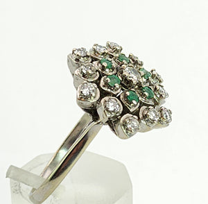 6015:: Vintage Large:18ct White Gold Diamonds  Emeralds Cluster Ring