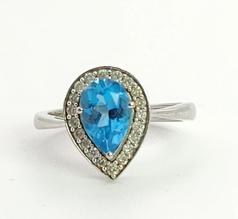 6023:Vintage: 9ct White Gold Pear Cut Vivid Blue Topaz 20 Diamonds Cocktail Ring-superb