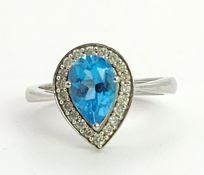 6023:Vintage: 9ct White Gold Pear Cut Vivid Blue Topaz 20 Diamonds Cocktail Ring-superb