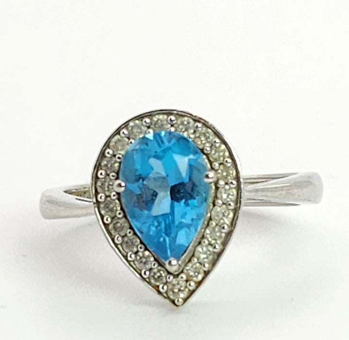 6023:Vintage: 9ct White Gold Pear Cut Vivid Blue Topaz 20 Diamonds Cocktail Ring-superb