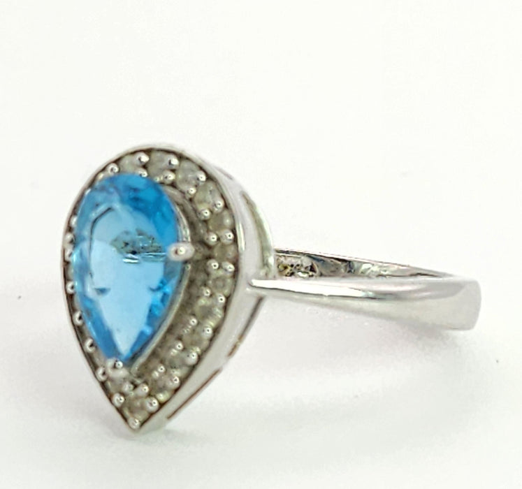 6023:Vintage: 9ct White Gold Pear Cut Vivid Blue Topaz 20 Diamonds Cocktail Ring-superb